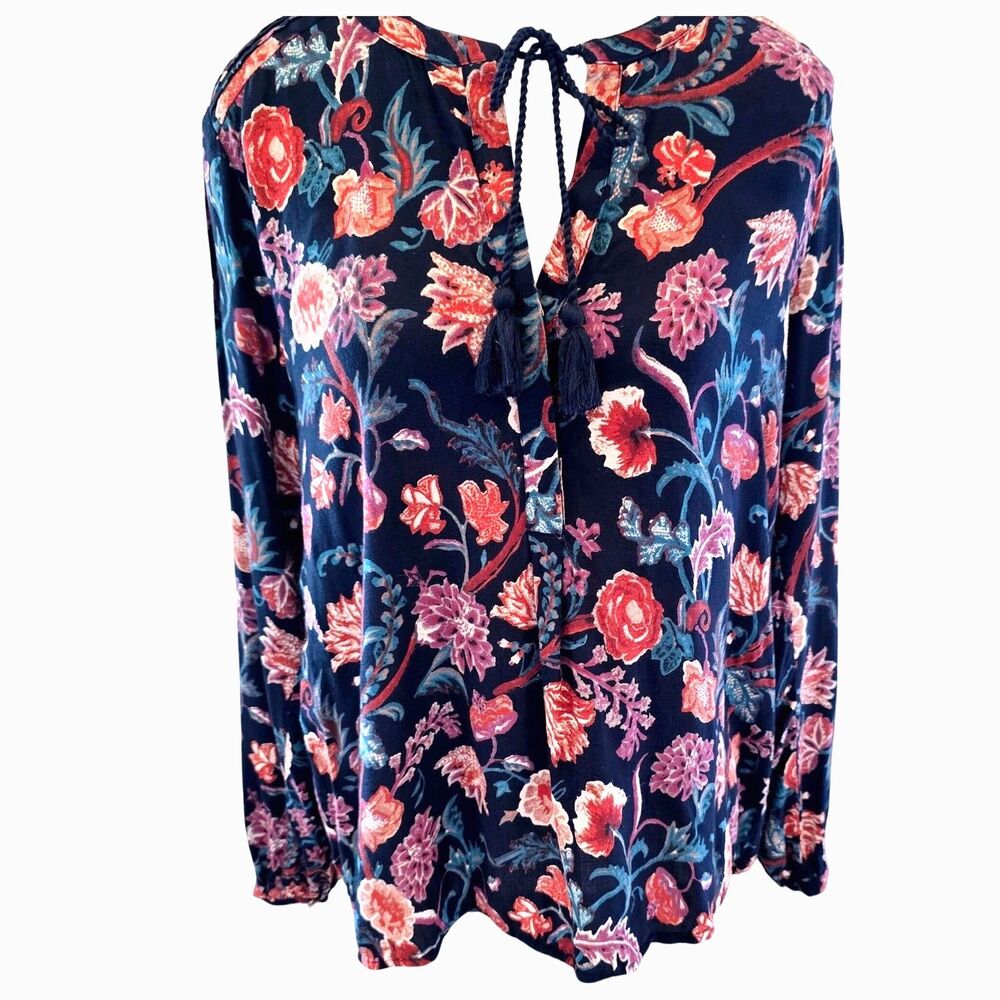 Lucky‎ Brand Navy Floral Peasant Blouse Size M Tassel Tie Long Sleeve Boho Top